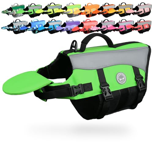 VIVAGLORY Front Float Dog Life Vest, Dog Life Jacket for Swimming & Boating, Swimming Vest with Chin Float & Handle, Ripstop & Buoyancy for Puppy Doggy, M, Bright Green
