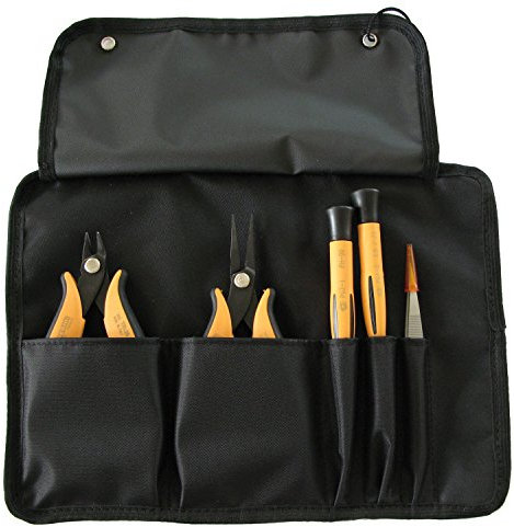 Set Composto da 5 Utensili – Pinza Becchi Lunghi, Utensile Taglio Raso, Pinzetta e 2 Giraviti di Precisione – In Astuccio Nylon Nero richiudibile – Made in Italy