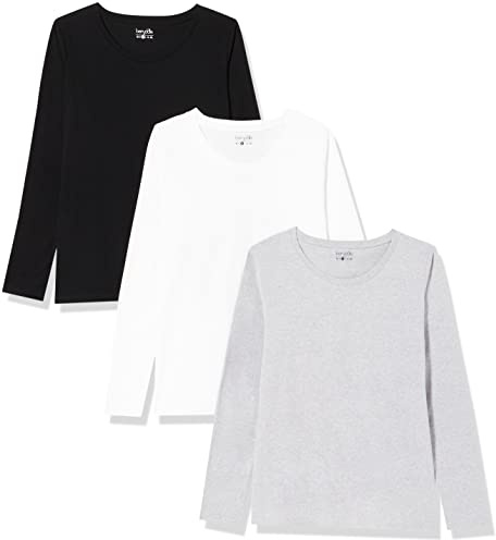 Berydale Chemise à manches longues et col rond en 100 % coton, Femmes, Noir/Blanc/Gris (lot de 3), XS