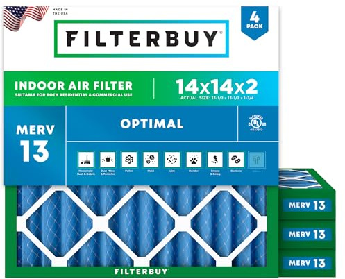 Filterbuy 14 x 14 x 2 luftfilter MERV 13, veckad HVAC AC ugnsfilter (4-pack, platina)
