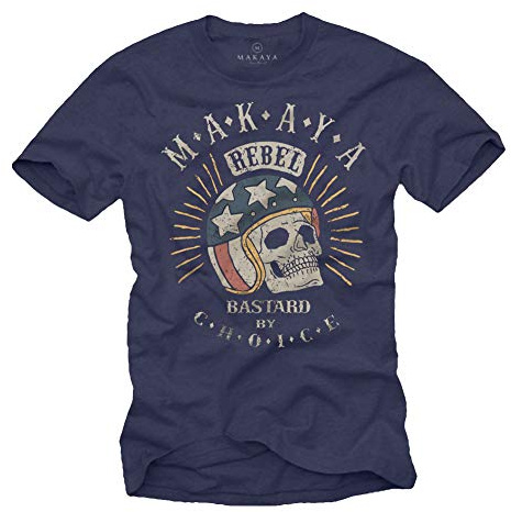 MAKAYA Maglietta con Teschio - Casco Motocross - Accesori Moto Custom T-Shirt Uomo Vintage Blu S