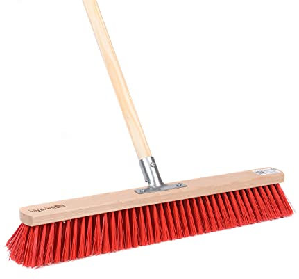 BawiTec Profi Straßenbesen,80cm Breit,mit stabilem Holzstiel Ø28mm,160cm Lang,Metall-Stielhalter verschraubt,robuste Elaston-Kunststoffborsten rot,Kehrbesen,Besen,Saalbesen,für draussen
