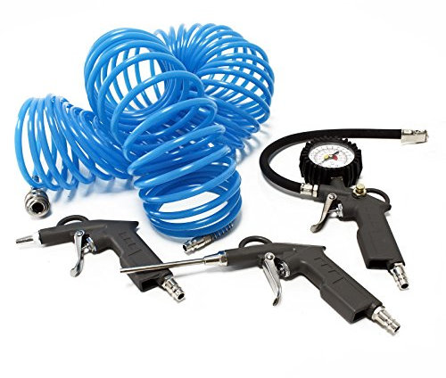 Wiltec Jeu de 4 Outils pneumatiques – Pistolet de gonflage – Pistolet de soufflage – Tuyau spiralé – Manomètre – Accessoires pour compresseur Air comprimé