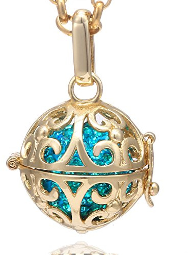 Morella Collar de Acero Inoxidable Dorado 70 cm con Colgante Dorado Ornamento y Bola de resonancia de circonita de Color Turquesa Ø 16 mm para Damas en Bolsa para Joyas