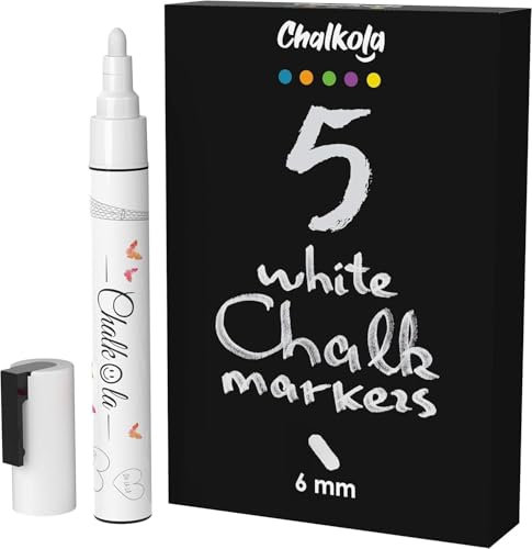Chalkola Kreidestifte für Tafel Abwaschbar Weiß - 5 Kreidemarker Weiss 6mm Spitze - Kreidestift Weiß für Fenster, Tafel, als Glasstift- Chalk Markers für alle Altersgruppen