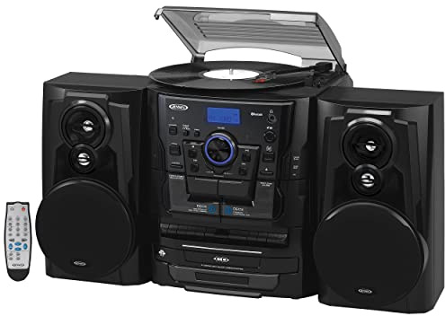 JENSEN® Bluetooth® 3 Speed Stereo Turntable 3 CD Changer Music System with Dual Cassette Deck, Pitch Control and Remote Control