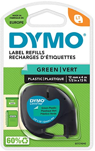 DYMO Branded LetraTag Plastic Labels | 12 mm x 4 m Roll | Black Print on Green Labels | MultipurposeSelf-Adhesive Labels for LetraTag Label Makers