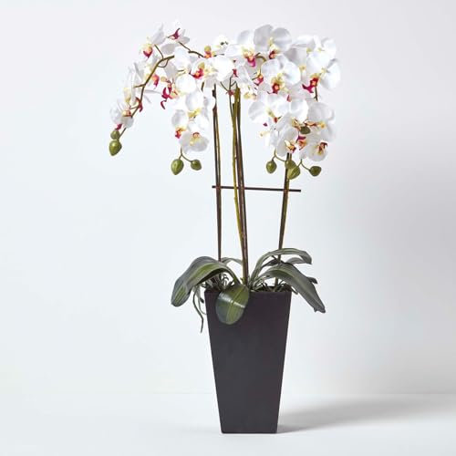 HOMESCAPES Oriental Style White Orchid in a Contemporary Black Pot 70 cm - Artificial Flowers and Plants for Indoor Decoration