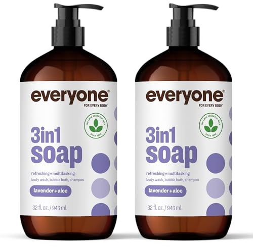 Everyone 3-in-1 Soap, Body Wash, Bubble Bath, Shampoo, 32 Ounce (Pack of 2), Lavender and Aloe, made with Essential Oils for Men and Women