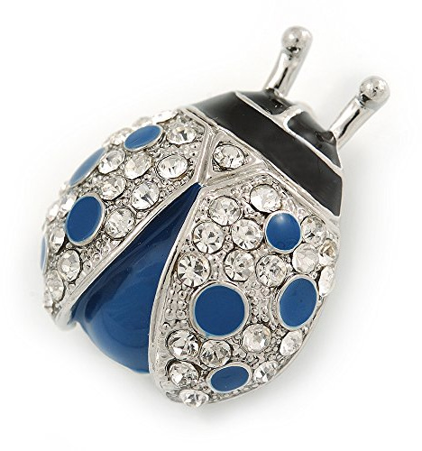 Broche coccinelle en émail bleu/noir en plaqué rhodium – 35 mm L, taille unique, émail, diamante
