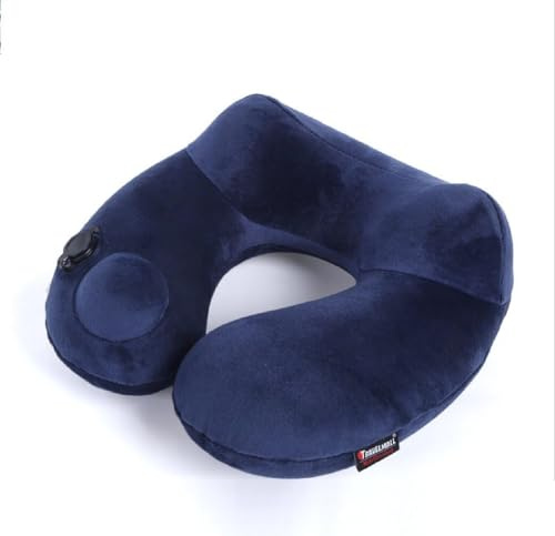 CYBERNOVA Coussin de Voyage/Cou Coussin Gonflable par la Presse à la Main, Souple Gonflable Oreiller Voyage pour Dormir sur Avion, Voiture, Train et Bus (Bleu foncé)