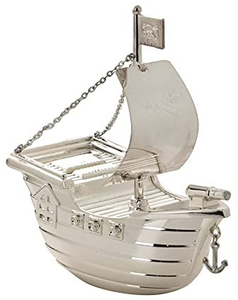 Regalos de Bautizo. Hucha chapada en Plata con diseño de Barco Pirata