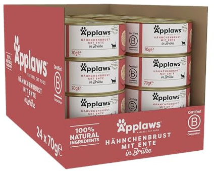 Applaws 100% naturel, poitrine de poulet et canard, nourriture humide en bouillon pour chats adultes - 24 boîtes de 70g