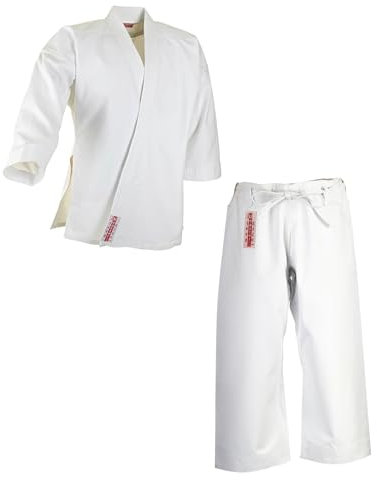 Ju-Sports Karate Anzug 160 Master weiß 12 oz. I Robuster Karateanzug für Erwachsene I Karate Kimono mit traditioneller Hosenschnürung I Ärmelenden absteppt für lauten Soundeffekt I 100% Baumwolle