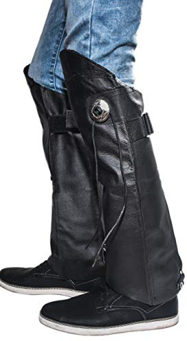 Leather Leg Cover Half Chaps | Zipper & Velcro Short Gaiter Stay Up Lined Windproof Leg Warmers Adjustable Concho & Fringes for Horse Riders, Protective Guard Bikers, Leg Gaiters for Women & Men XL-2X