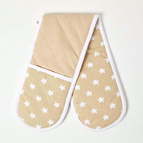 HOMESCAPES - Pure Cotton Double Oven Glove - Stars - Beige White - 18 x 84 cm - Fully Coordinated Washable Kitchen Linen