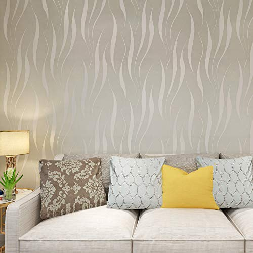 HANMERO® Modern Minimalist Non-Woven Water Plant Pattern 3D Flocking Embossed Wallpaper Roll for Living Room Bedroom Walls Beige&Grey 0.53m(20.8)*10m(32.8')=5.3㎡(57sqfeet)