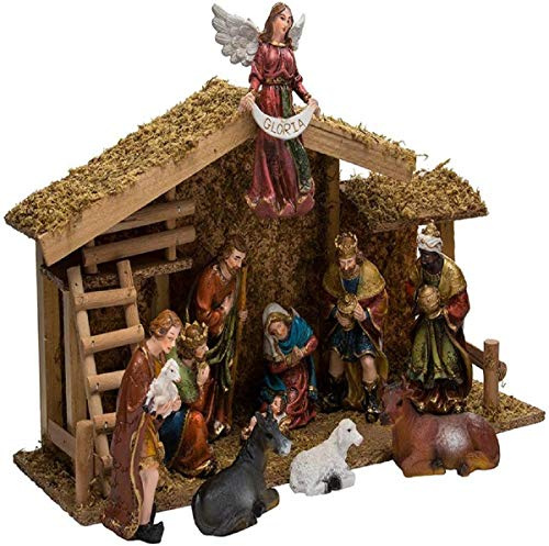 Kurt S. Adler Kurt Adler 12-Piece Nativity Set with Wooden Stable Presepe con stalla in Legno, Pezzi, Multicolore, unità