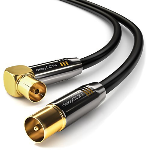 deleyCON 1,5m 4K TV Antennenkabel - 4K Ultra-HD Full HD HDTV - 1x Gewinkelt - Koaxialkabel - IEC-Stecker (gerade) zu IEC-Buchse (90° Grad) - Metallstecker - Schwarz