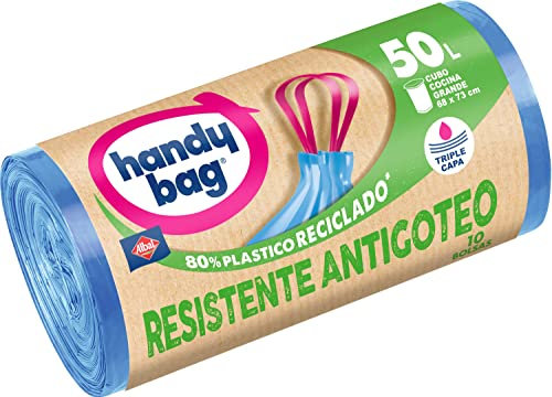 Handy Bag Sacchetti della spazzatura resistenti a prova di polvere per bidoni della spazzatura da cucina con nastro autobloccante e triplo strato, resistenti e antigoccia, 100% plastica riciclata, 50