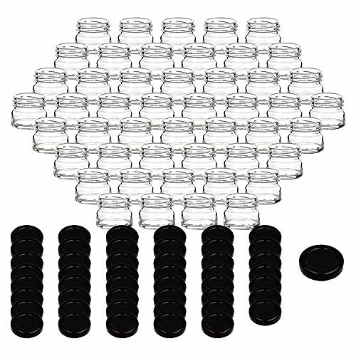 gouveo Set di 48 barattoli per conserve da 30 ml Mini con tappo a vite nero opaco BS - Mini barattoli per la conservazione con tappo a vite TO43 - Barattoli rotondi per marmellate (EGR030SZBS)