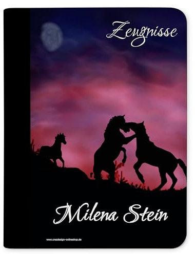 CreaDesign Customize A4 Zeugnismappe für Kinder 26,7x32,7x1 cm, Sichtbuch mit 10 Klarsichthüllen, erweiterbar auf bis zu 20 Taschen, Pferde design, Dokumentenmappe für Schüler