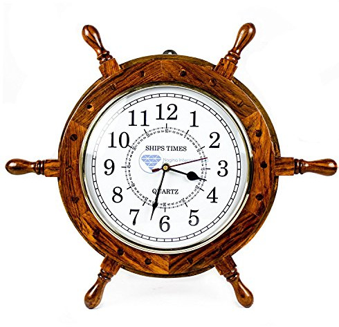 Nagina International Orologio da parete in legno con timone nautico realizzato a mano, con orologio al quarzo, decorazione per la casa dei pirati (30,5 cm, quadrante bianco)