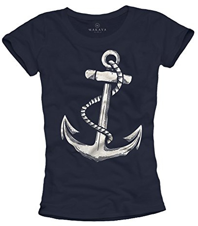 Ausgefallenes Damen T-Shirt mit Anker Aufdruck - Farbe dunkelblau Größe S
