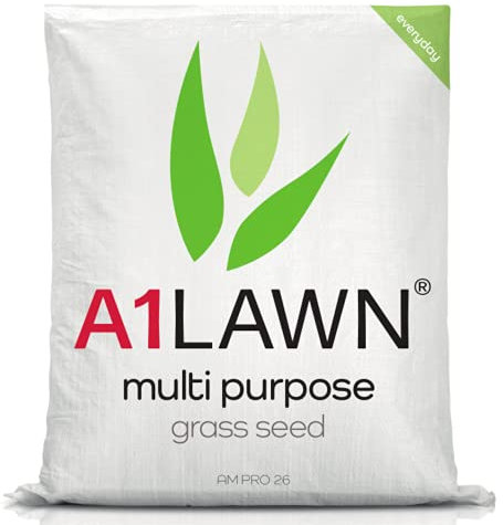 A1 Lawn - Multi Purpose Grass Seed, 10kg (280m2) - Fast Growing UK Quality, Fresh, Pet & Child Friendly - Ideal for Patch Repair, Over Seeding, New Lawns & Thickening. DEFRA Approved (AMPRO26)