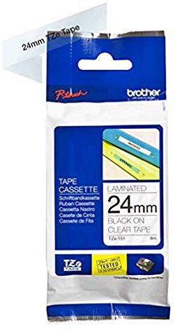 Brother TZe-151 Labelling Tape Cassette, 24 mm (W) x 8 m (L), Laminated, Brother Genuine Supplies - Black on Clear