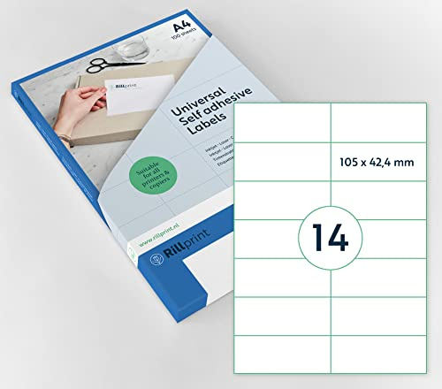 Rillprint Étiquettes auto-adhésives | 1400 étiquettes | 105 x 42.4 mm | 14 étiquettes imprimables par feuille A4 |Expédition, prix étiquette collante pour imprimante à jet d'encre et laser