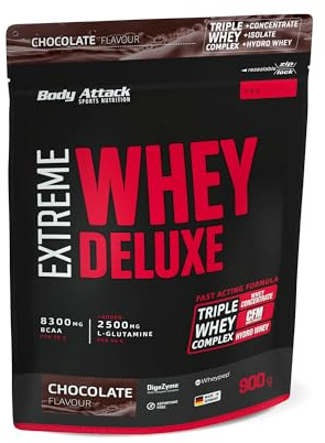 Body Attack Extreme Whey Deluxe - Chocolate, 900g - Made in Germany - Eiweißpulver mit Aminosäuren, Triple-Complex, CFM Whey Isolate, perfekt lösliches Protein-Pulver, fettarm, zuckerarm