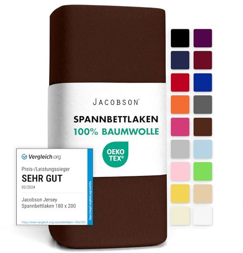 Jacobson Jersey Spannbettlaken Spannbetttuch Baumwolle Bettlaken (90x200-100x200 cm, Schokobraun)