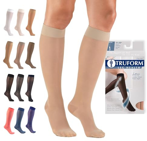 Truform Sheer Compression Stockings, 15-20 mmHg, Women's Knee High Length, 20 Denier, Nude, Medium