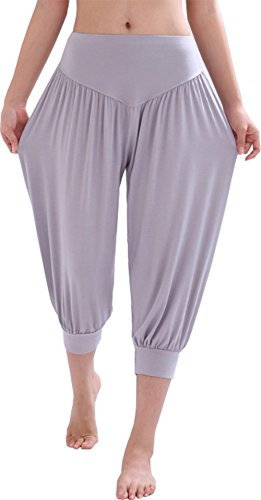Hoerev Caprihose, Super Weiches Modal-Elastan, Pluderhose, für Yoga, Pilates，Grau，M