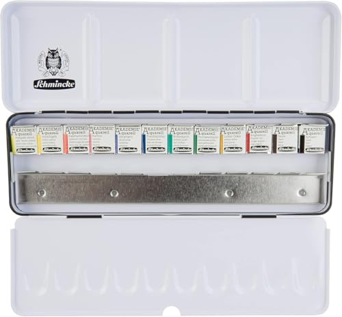 Schmincke - AKADEMIE®AQUARELL Watercolor Box, Basic Assortment 12 x 1/2 Pans + Space for Additional 12 Pans, 75 412 097, Metal Box, Fine Artists' Watercolors
