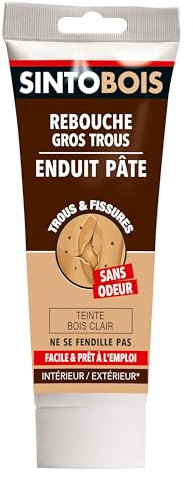 SINTOBOIS - Rebouche Gros Trous - Prêt à Emploi - Sec en 15h à 24h - Se Ponce & se Peint - Intérieur Exterieur- S'utilise Comme un Enduit -Ne Fissure Pas - Bois Clair- Technique Professionnelle- 330 g