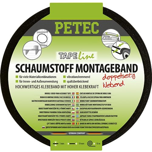 PETEC Schaumstoffband schwarz Montageband doppelseitig Doppelseitiges Klebeband 10m Schaumstoff selbstklebend Klebestreifen Wand Doppelklebeband 87200