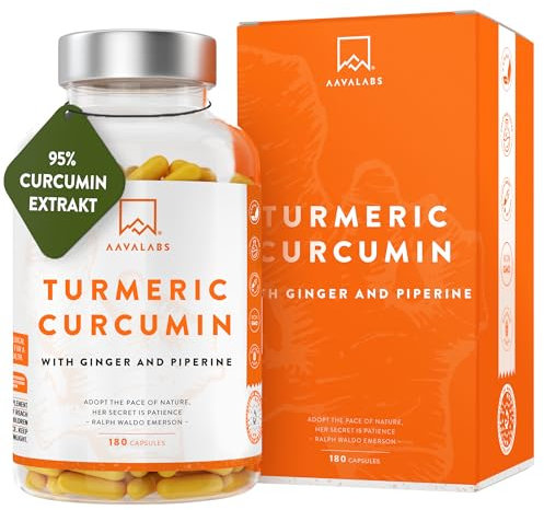 Kurkuma Kapseln mit 95% Curcumin Extrakt, Ingwer und Piperin Extrakt AAVALABS - Curcumin Kapseln Hochdosiert - 180 Curcuma Kapseln Hochdosiert - Vegan & Laborgeprüft