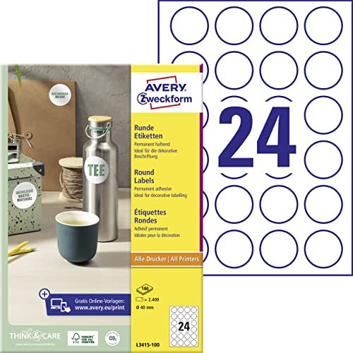 AVERY Zweckform L3415-100 runde Etiketten (zum Bedrucken, selbstklebend, Ø 40 mm, A4, 2.400 Aufkleber auf 100 Blatt, Klebepunkte zum Kennzeichnen von Unterlagen, Produkten) weiß