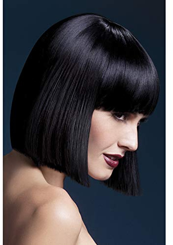 Smiffys Fever Kollektion, Lola Perücke, Schwarz, Abgerundeter Bob mit Pony, 30cm / 12in Halloween