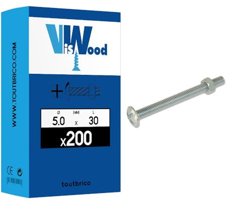 Viswood 601B5030 Boîte de 200 Boulons poêlier Filetage total 5,0 x 30 Acier Zingué Blanc