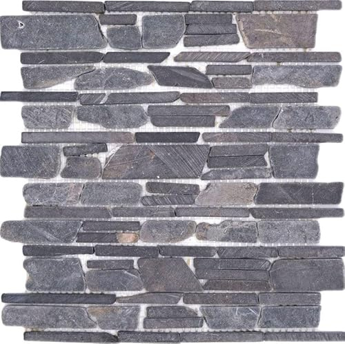 Mosaik brickmosaik uni neromarquina marmor natursten kök, mosaiksten format: 25–105 x 15 x 8 mm, bågstorlek: 305 x 305 mm, 10 ark Grå antracit - svart (impregnerad)