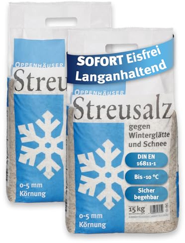 OPPENHÄUSER Sel de déneigement 30kg : efficacité immédiate et durable, DIN EN 16811-1, sel d épandage contre le verglas, pour trottoirs, allées et parkings, granulométrie M, qualité premium, 2x15kg