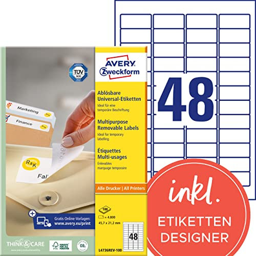 AVERY Zweckform L4736REV-100 Universal Etiketten (4.800 Klebeetiketten, 45,7x21,2mm auf A4, wieder rückstandsfrei ablösbar/abziehbar, individuell bedruckbare, selbstklebende Aufkleber) 100 Blatt, weiß
