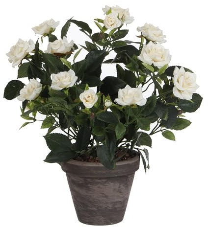 MICA Decorations Plante Artificielle Rosier en Pot Ciment - H33 x Ø25 cm - Blanc