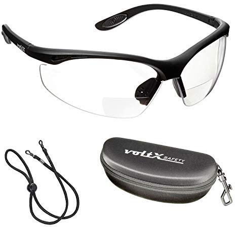 voltX 'CONSTRUCTOR' Lunettes de lecture de sécurité BIFOCALES avec cordon d'arrêt et étui résistant - Lunettes de cyclisme (TRANSPARENTES dioptrie +2.0) Certifiées CE EN166F