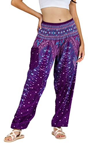 Lofbaz Femmes Paon Impression Smocked Taille Harem Pantalon Violet B L