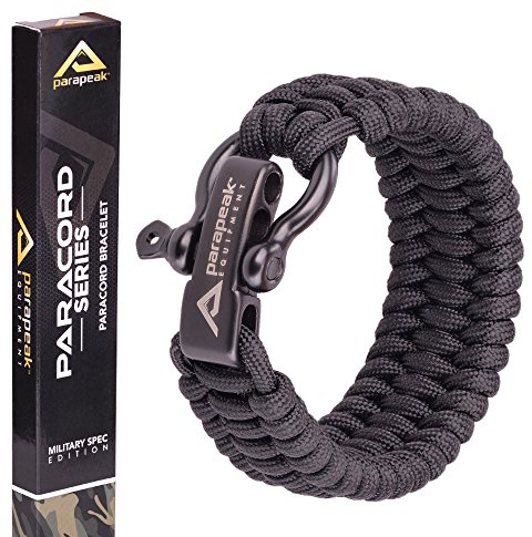 Parapeak Survival Bracelet - Military Spec Paracord - Trilobite Style with Adjustable Stainless Steel D-Clasp (Black, Black Clasp)
