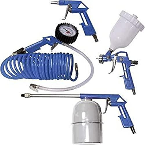 Scheppach Kompressor Zubehör - 5 tlg. | Druckluftzubehör mit Spiralschlauch 5m | Ausblaspistole | Farbspritzpistole mit Fließbecher | Sprüh & Reinigungspistole mit Stahlbehälter | Reifenfüllmessgerät